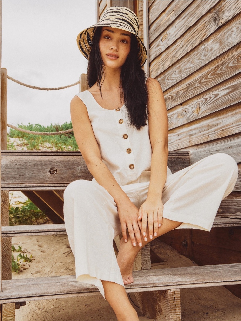 Marine Layer XS Ivory Sleeveless Button Front Wide Leg Cropped Jumpsuit Pockets